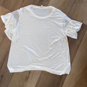 white/cream tee with ruffle sleeves